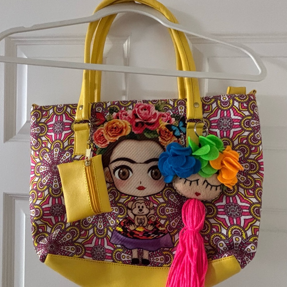 Frida Kahlo Inspired Tote Bag – Colorful Floral Design w/ Tassel Charm